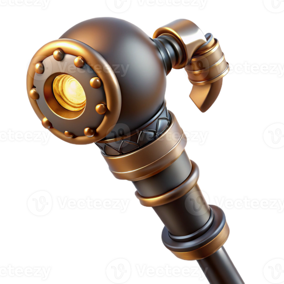 vibrant abstract A sophisticated steampunk cane, polished ebony with brass handle and gears, lit by a warm, ambient light professional png