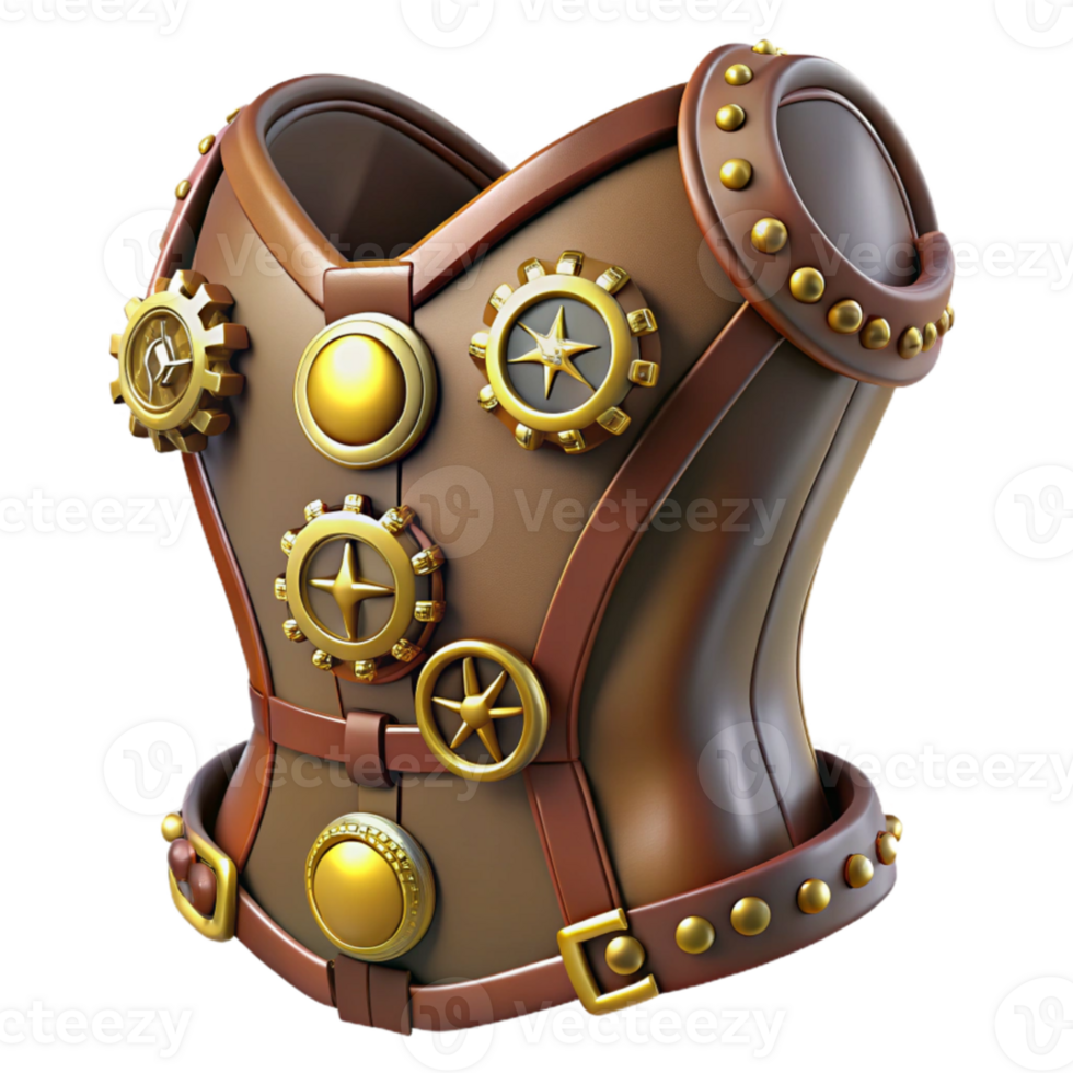 extraordinary abstract A stylish steampunk corset, brown leather with brass buckles and gears, lit by a soft, diffused light original png