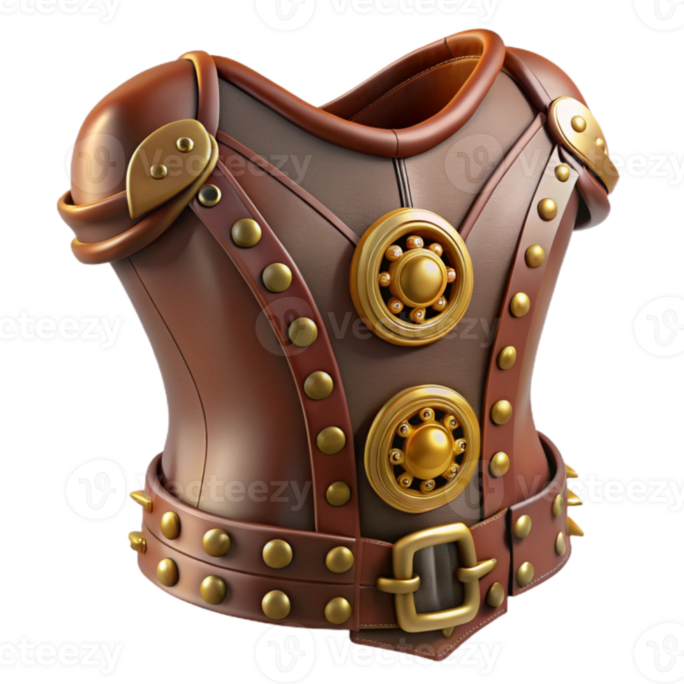 impressive rustic A stylish steampunk corset, brown leather with brass buckles and gears, lit by a soft, diffused light genuine png