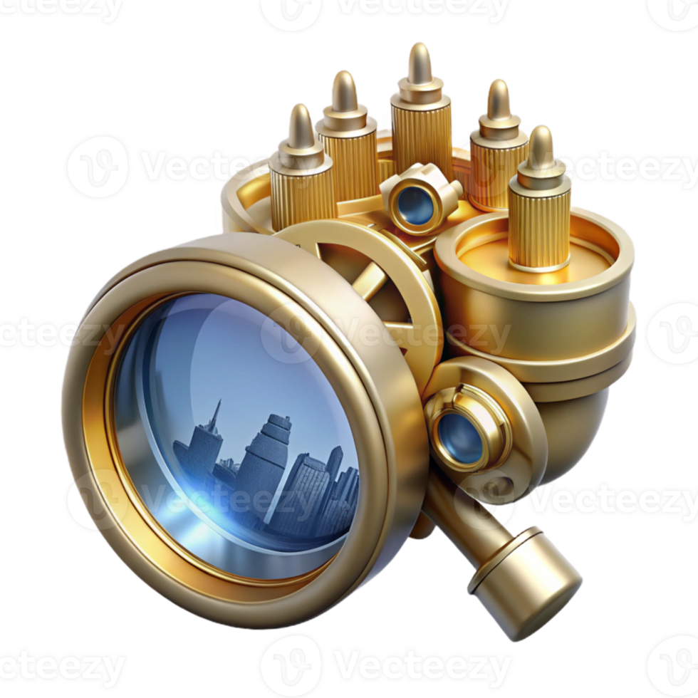 elegant traditional A steampunk monocle, intricate gears and lenses, gold and silver, reflecting a miniature cityscape, ray tracing, realistic rendering 4K png
