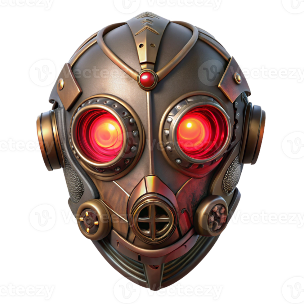 impressive artistic A steampunk mask, intricate filigree metal, glowing red lenses, dark and mysterious lighting, cinematic rendering high resolution png