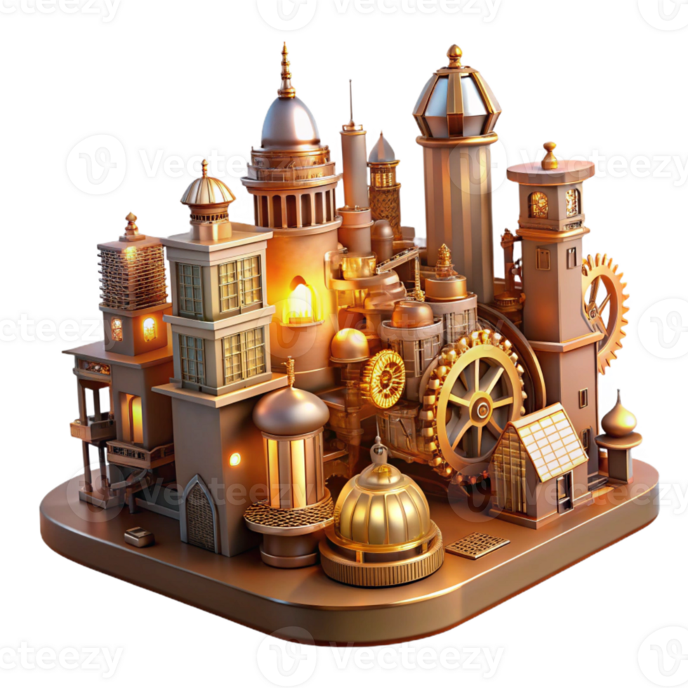 beautiful contemporary A steampunk cityscape, towering clockwork buildings, cogs and gears, bathed in the warm glow of gaslight, hyperrealistic, intricate details authentic png