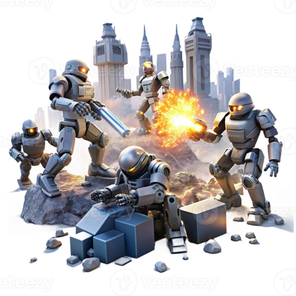 magnificent artistic A group of robots, engaged in a fierce battle, amidst the ruins of a futuristic city, illuminated by explosions and laser fire. Cyberpunk style, dramatic lighting authentic png
