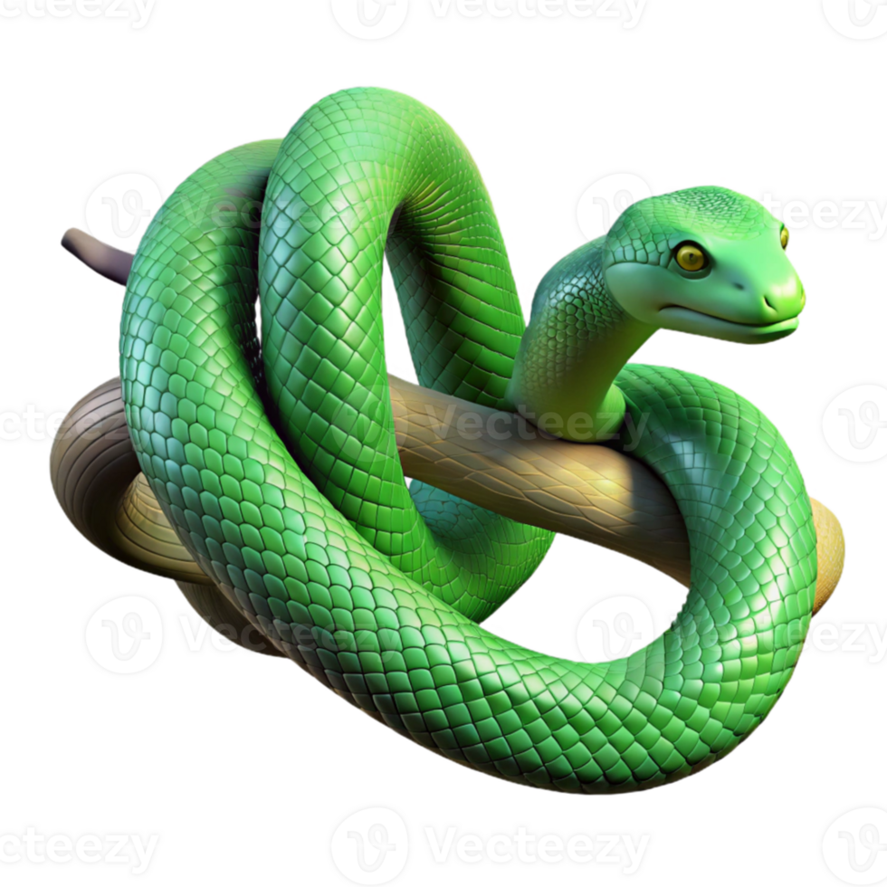 extraordinary modern A slithering green snake coiled around a branch, its scales glistening in the dappled sunlight of a rainforest. Photorealistic, nature documentary style authentic png
