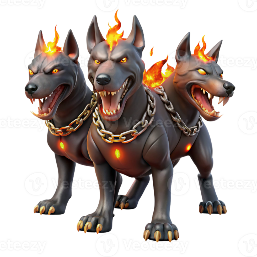 stunning vintage A three-headed Cerberus, each head a distinct breed of dog, glowing with an internal hellfire, chains of blackened iron dangling. Art style Dark fantasy genuine png