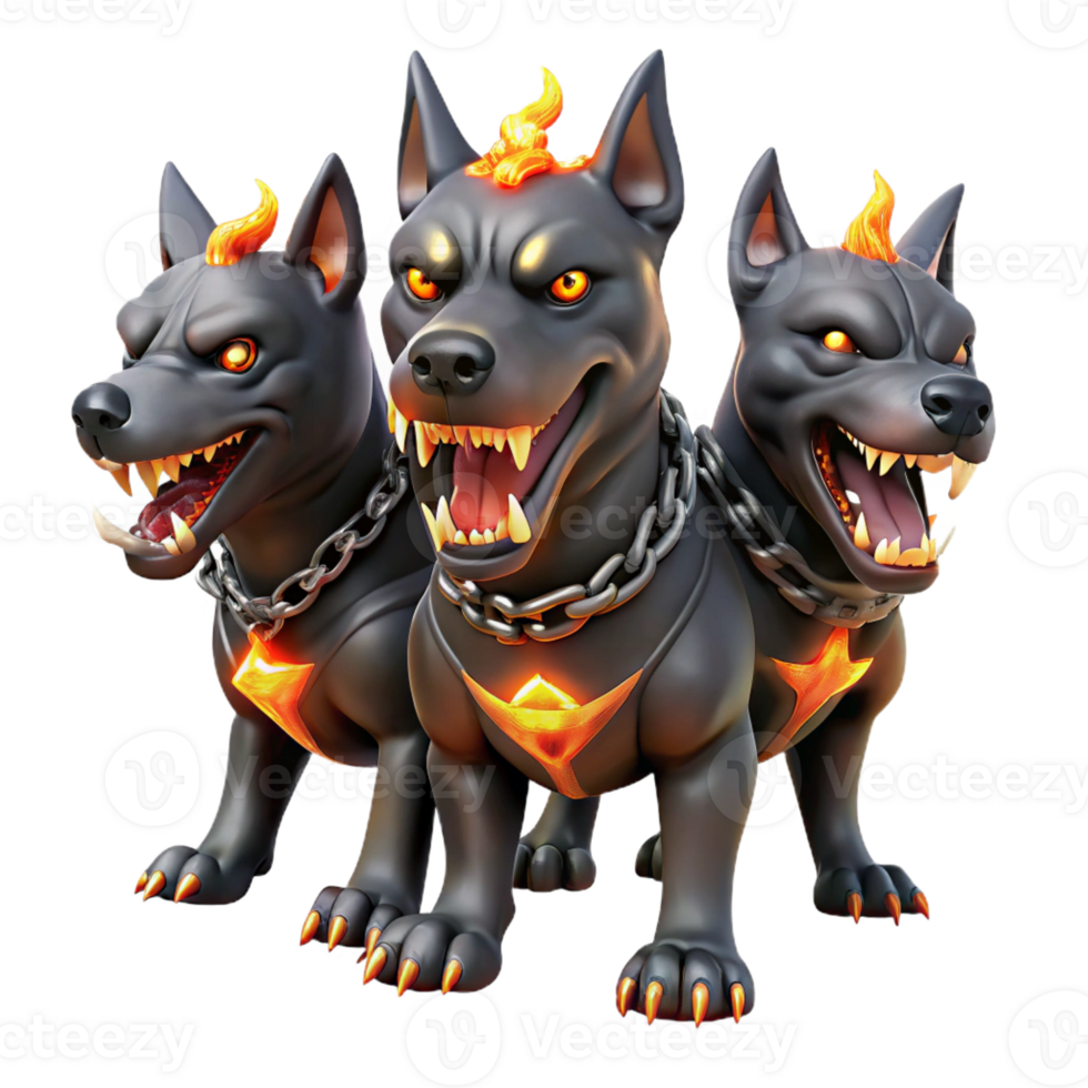 elegant contemporary A three-headed Cerberus, each head a distinct breed of dog, glowing with an internal hellfire, chains of blackened iron dangling. Art style Dark fantasy premium png