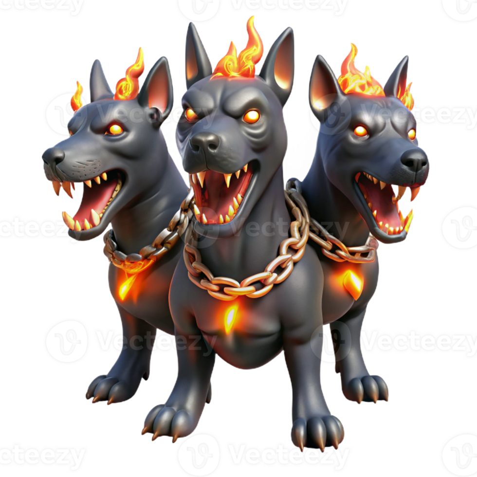 extraordinary creative A three-headed Cerberus, each head a distinct breed of dog, glowing with an internal hellfire, chains of blackened iron dangling. Art style Dark fantasy original png