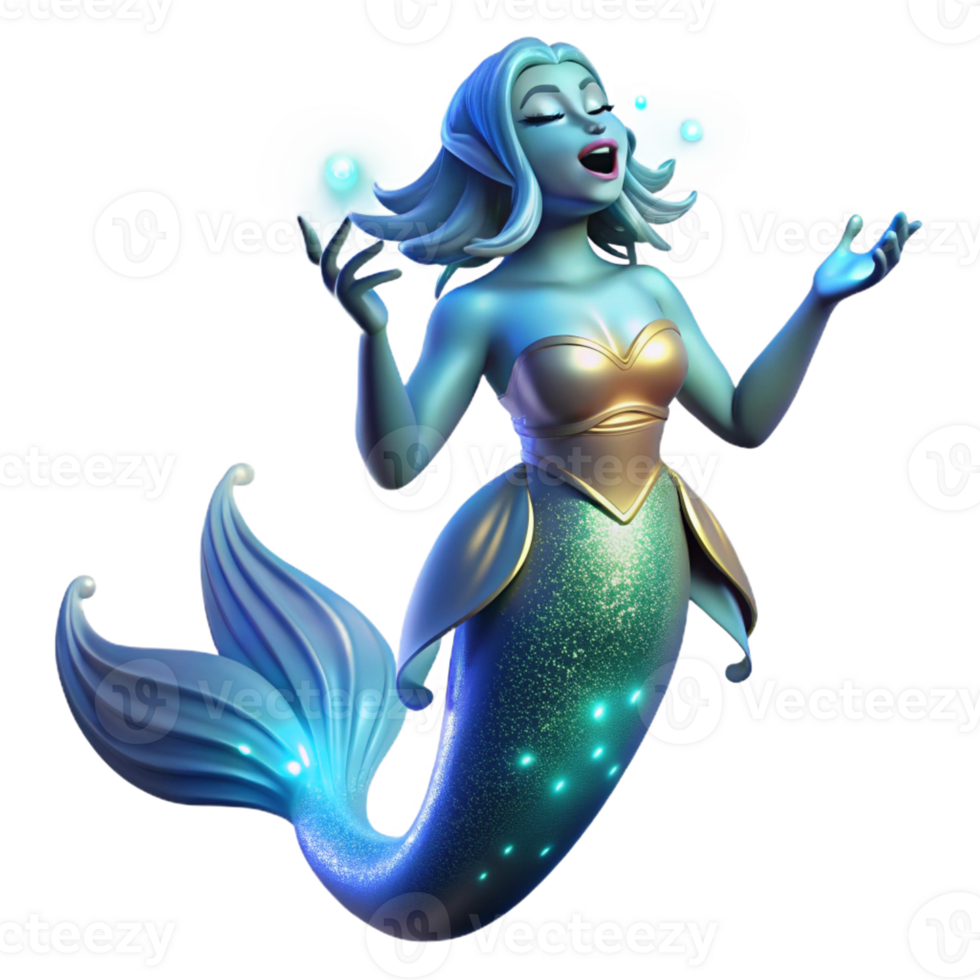 beautiful contemporary A graceful siren, scales shimmering beneath the waves, singing a haunting melody, illuminated by bioluminescent plankton. Art style Surrealism premium png