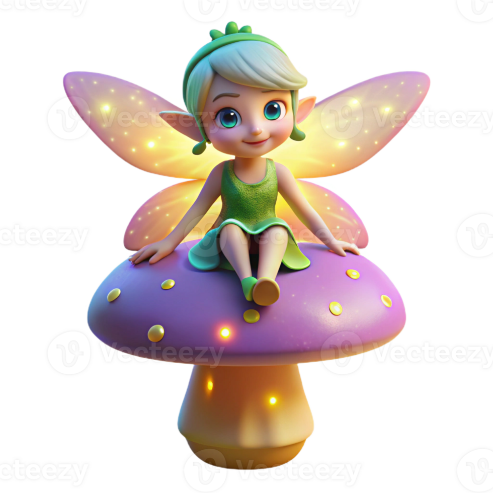 wonderful classic A whimsical pixie, wings shimmering with iridescent dust, perched on a mushroom, lit by the soft glow of fireflies. Art style Children's book illustration professional png