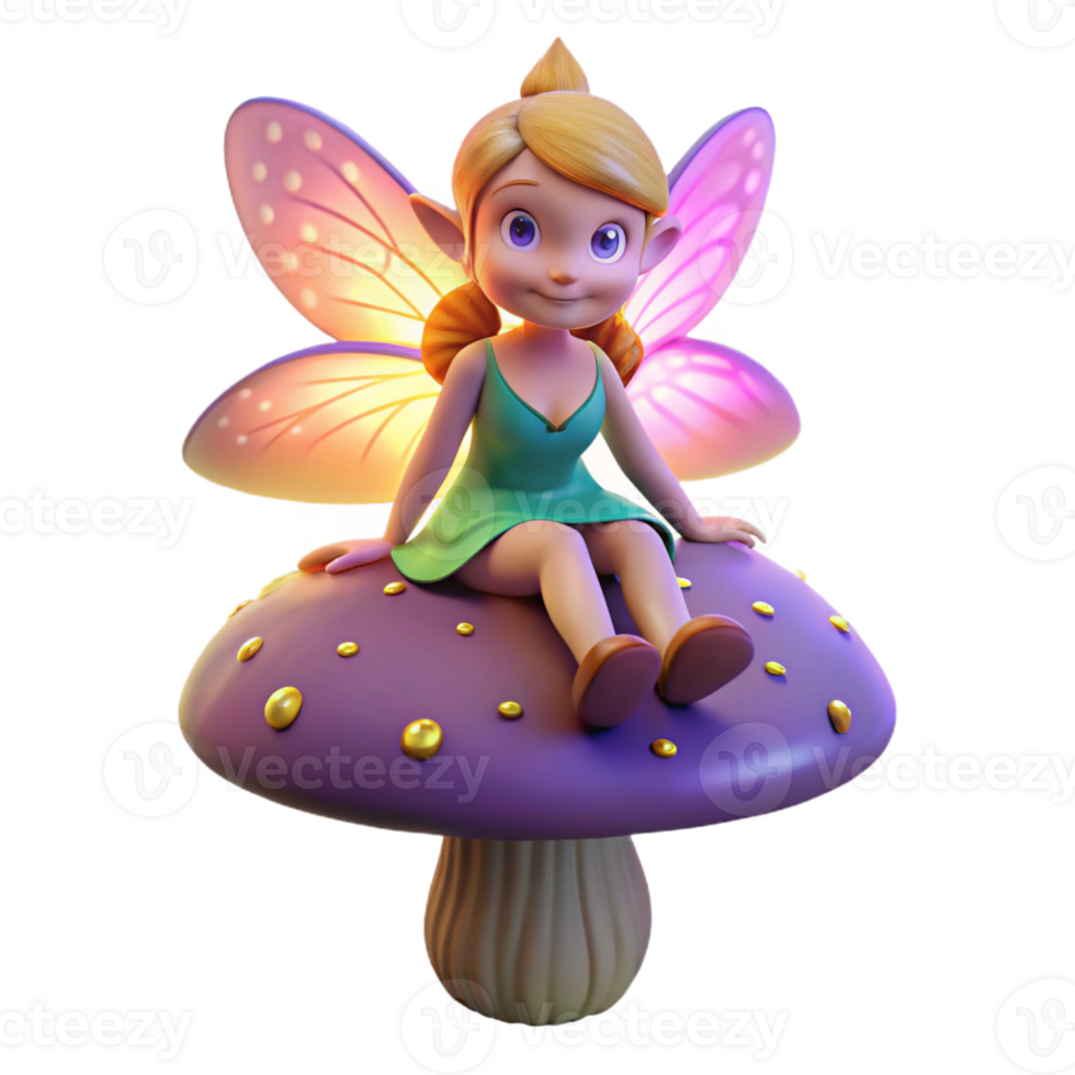 beautiful abstract A whimsical pixie, wings shimmering with iridescent dust, perched on a mushroom, lit by the soft glow of fireflies. Art style Children's book illustration genuine png