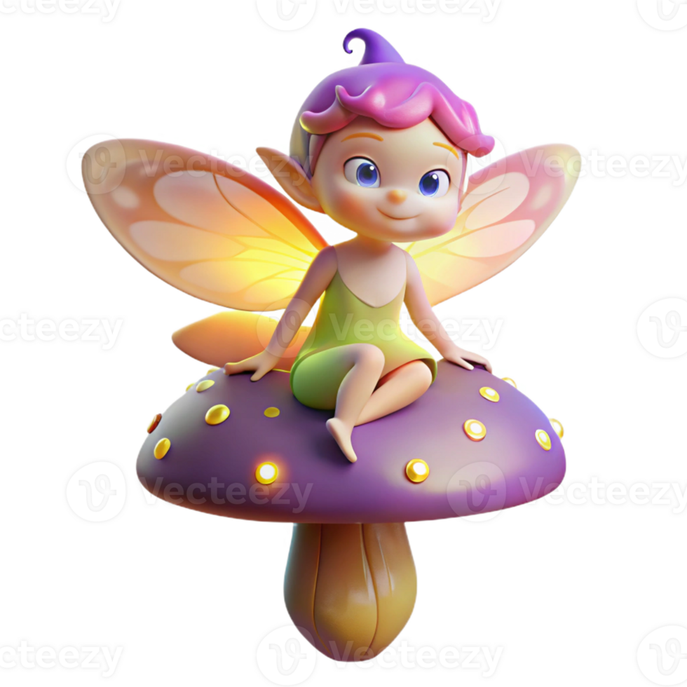 vibrant modern A whimsical pixie, wings shimmering with iridescent dust, perched on a mushroom, lit by the soft glow of fireflies. Art style Children's book illustration high quality png