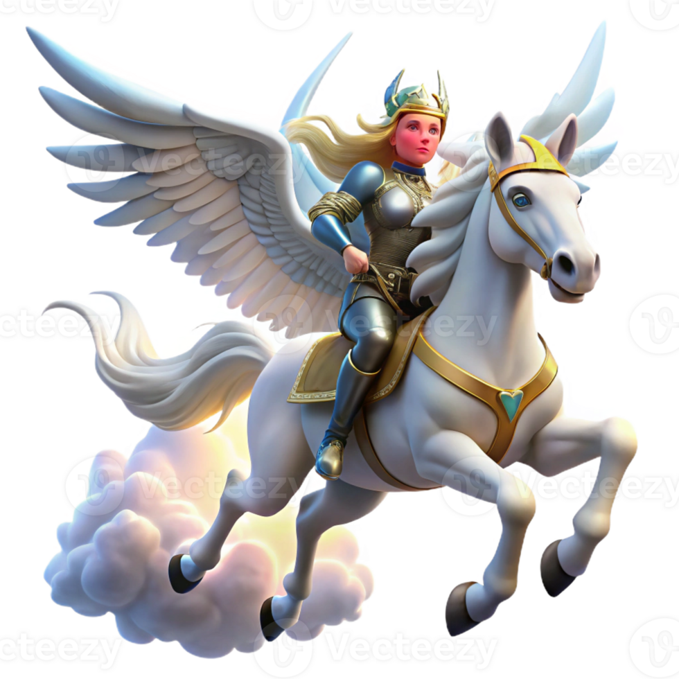 beautiful abstract A proud Valkyrie, winged and armored, riding a majestic pegasus, soaring through storm clouds, illuminated by lightning. Art style Norse mythology high resolution png
