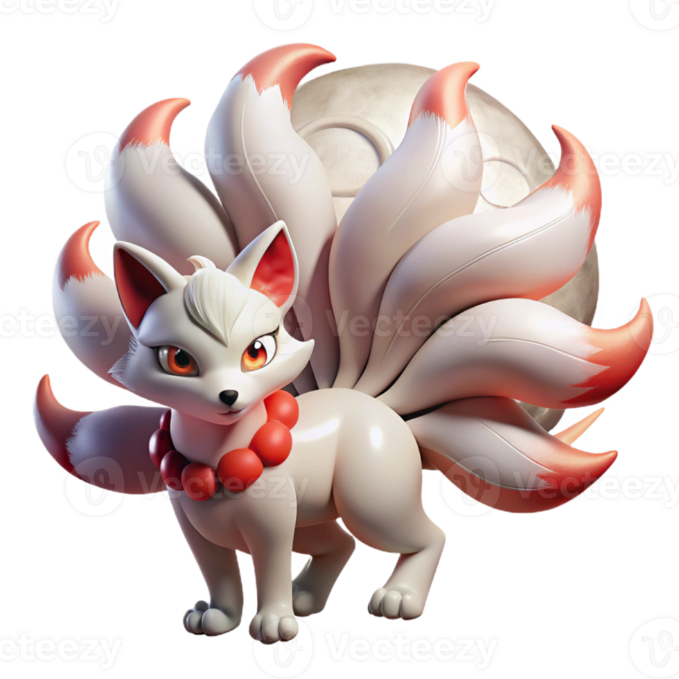 dramatic contemporary A cunning kitsune, nine tails flowing in the wind, eyes gleaming with mischief, bathed in the soft light of a full moon. Art style Anime authentic png