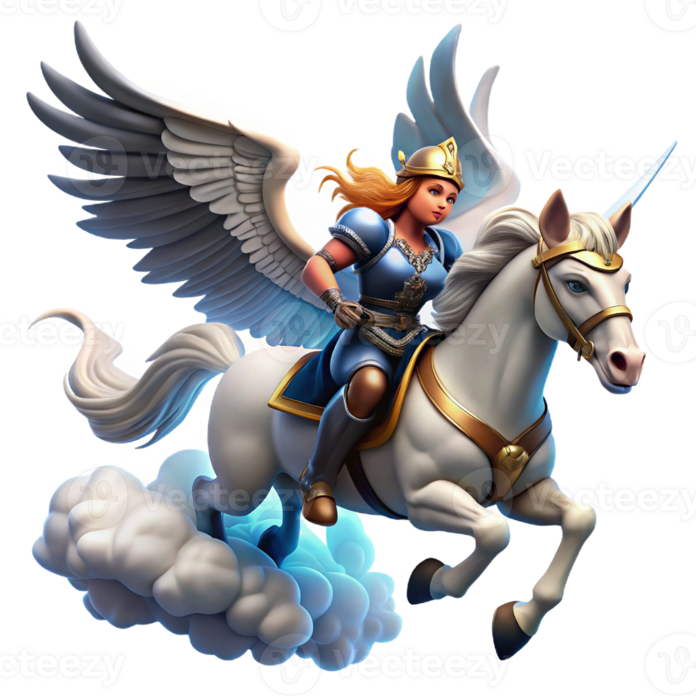 magnificent traditional A proud Valkyrie, winged and armored, riding a majestic pegasus, soaring through storm clouds, illuminated by lightning. Art style Norse mythology high resolution png