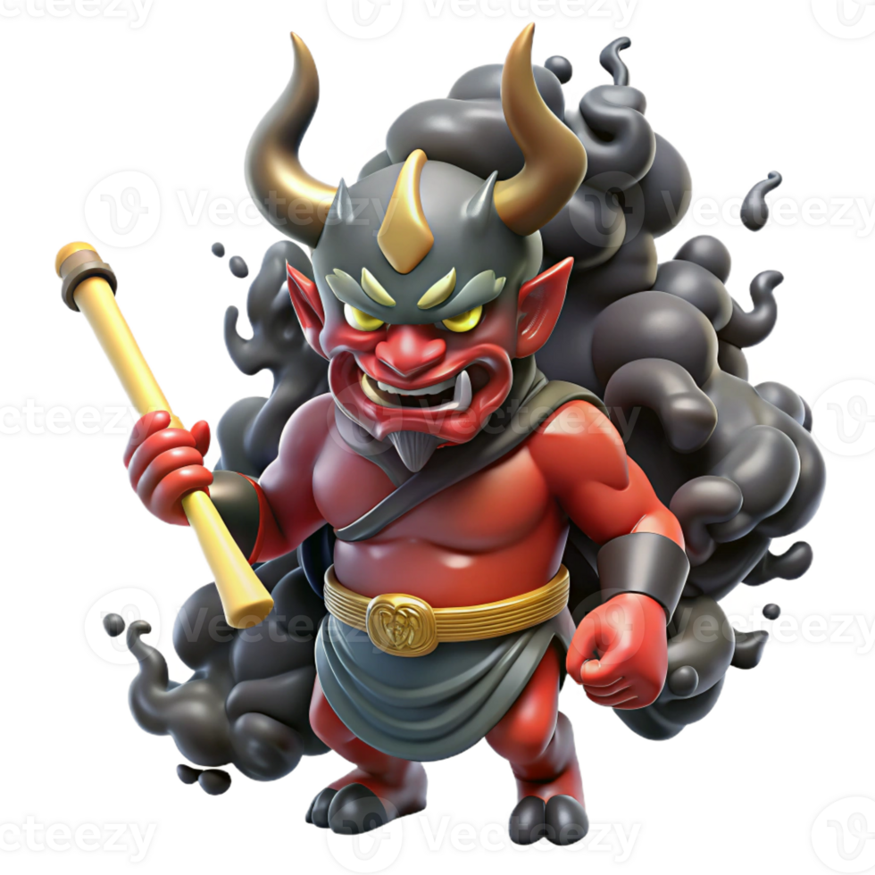 elegant traditional A powerful oni, wielding a kanabo club, horns glowing with demonic energy, surrounded by swirling black smoke. Art style Japanese mythology high resolution png
