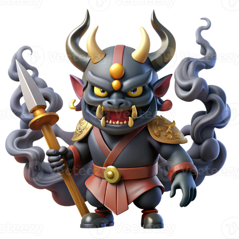 magnificent rustic A powerful oni, wielding a kanabo club, horns glowing with demonic energy, surrounded by swirling black smoke. Art style Japanese mythology exclusive png