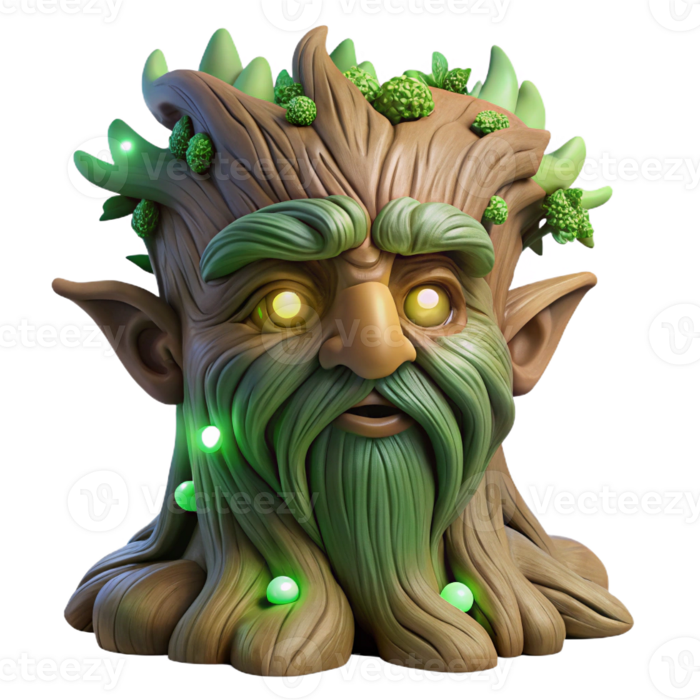 extraordinary abstract A wise old tree spirit, face carved into the bark of an ancient oak, eyes glowing with a soft green light, surrounded by swirling fireflies. Art style Fantasy art professional png