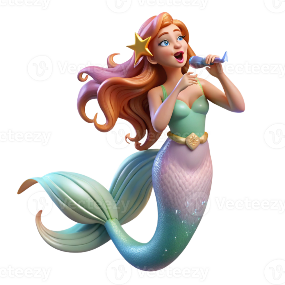 beautiful artistic A beautiful mermaid, long flowing hair adorned with seashells, singing a haunting melody, illuminated by underwater sunlight. Art style Art Nouveau premium png