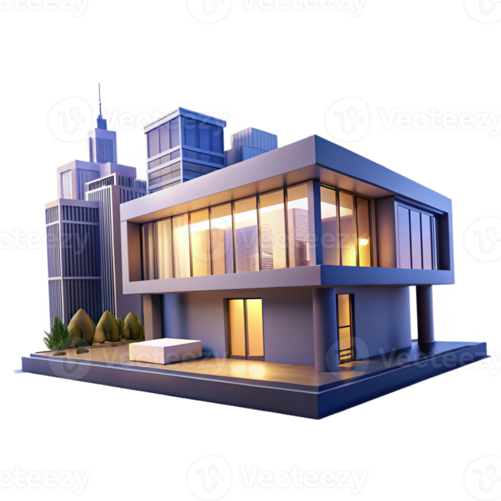 elegant vintage A modernist house with clean lines and large windows, overlooking a cityscape at night, architectural rendering style, authentic png