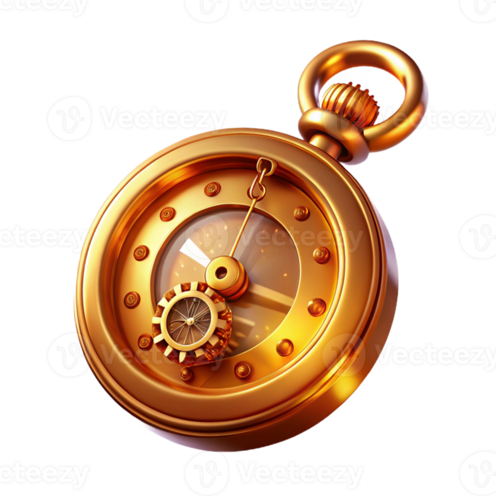 vibrant artistic A detailed illustration of a steampunk pocket watch, with intricate gears and Roman numerals, bathed in a warm, golden light professional png