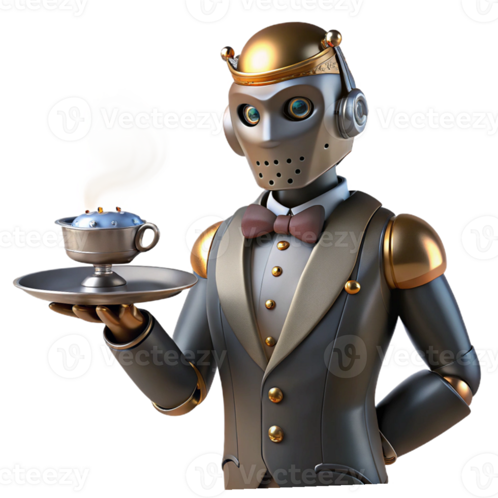 dramatic abstract A steampunk robot butler, holding a silver tray with a steaming cup of tea, in a dimly lit Victorian manor, art deco style 4K png