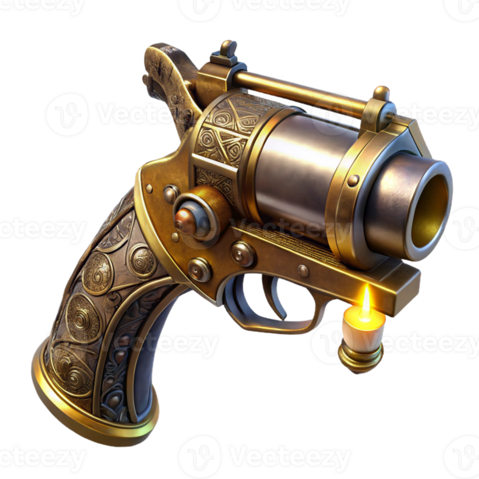 dramatic creative A close-up of a steampunk pistol, with ornate engravings and a brass barrel, illuminated by a dramatic spotlight professional png