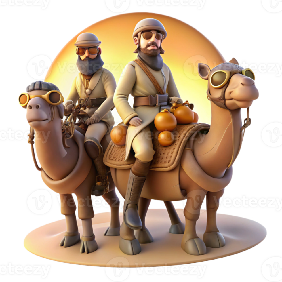 beautiful traditional A group of steampunk explorers, wearing leather and goggles, traversing a desert landscape on mechanical camels, under a harsh midday sun exclusive png