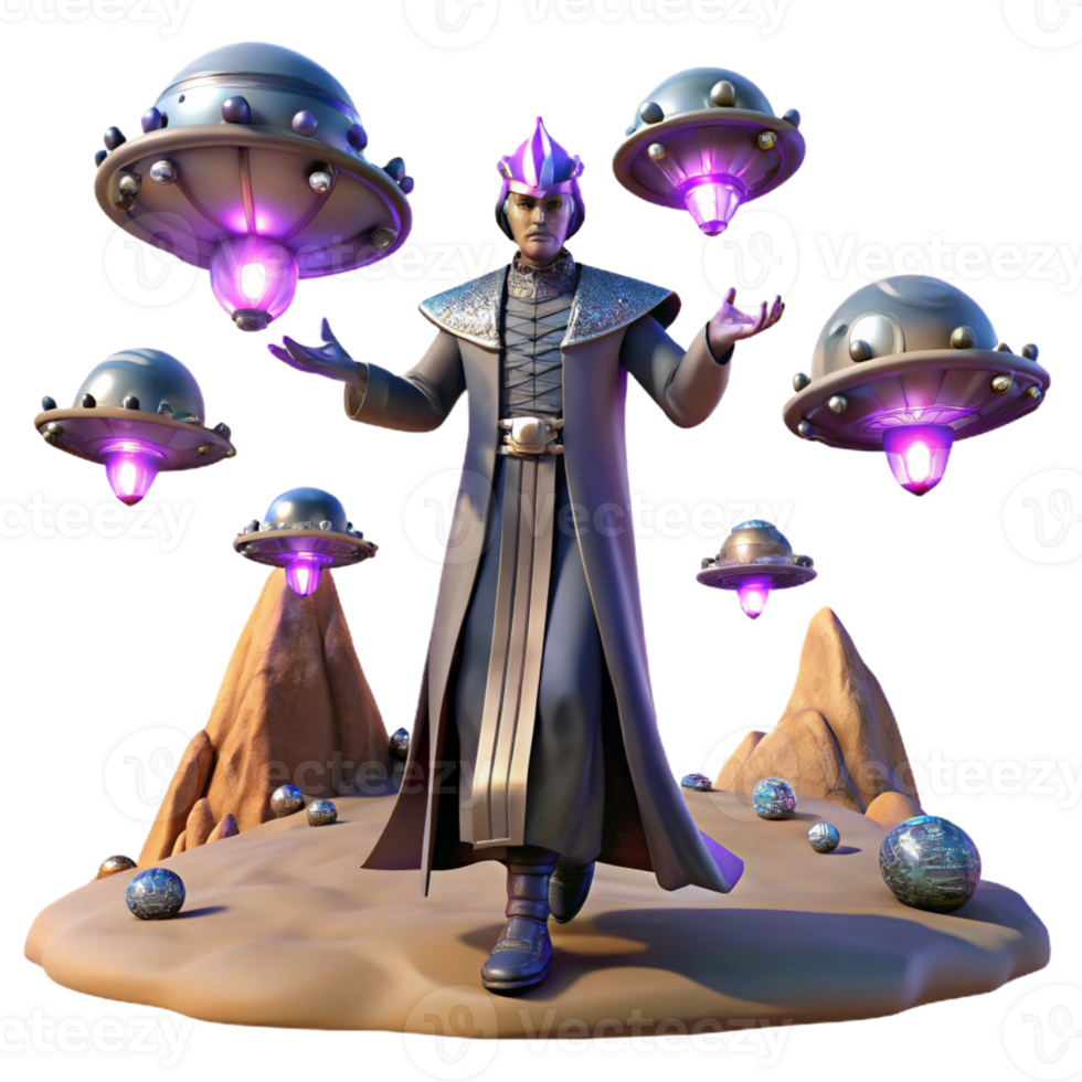 vibrant traditional A powerful psychic with glowing eyes levitating a fleet of spaceships above a crystalline desert. Surreal lighting, fantasy art style high resolution png