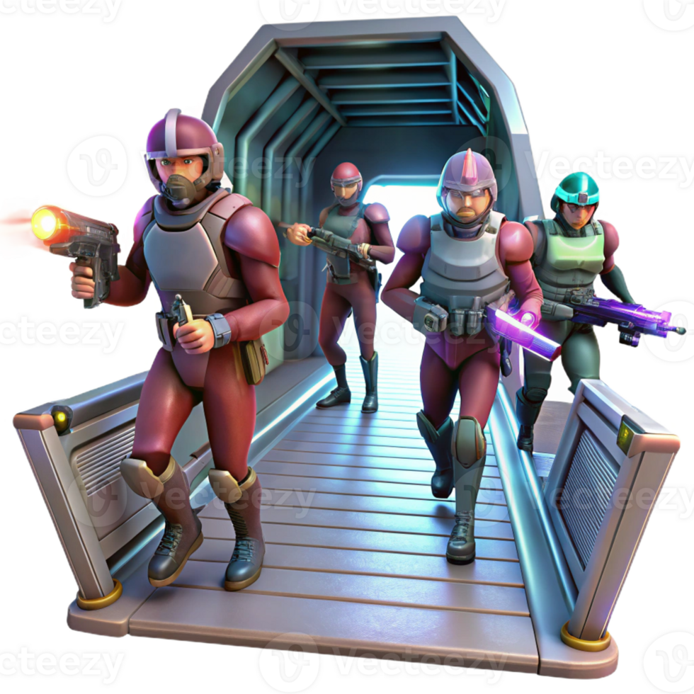beautiful traditional A group of space pirates boarding a derelict spaceship, their laser pistols illuminating the dusty corridors. Chiaroscuro lighting, comic book style original png