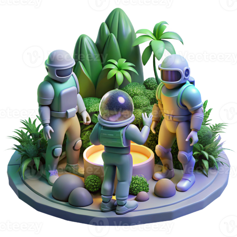 magnificent contemporary A group of explorers in futuristic spacesuits discovering a hidden temple on a jungle-covered alien planet. Ambient lighting, adventure style professional png