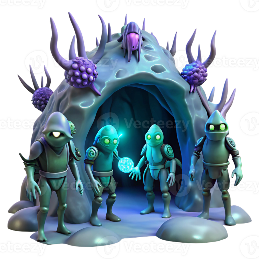 beautiful creative A group of genetically engineered creatures with bioluminescent skin exploring a dark, alien cave. Eerie lighting, fantasy style premium png