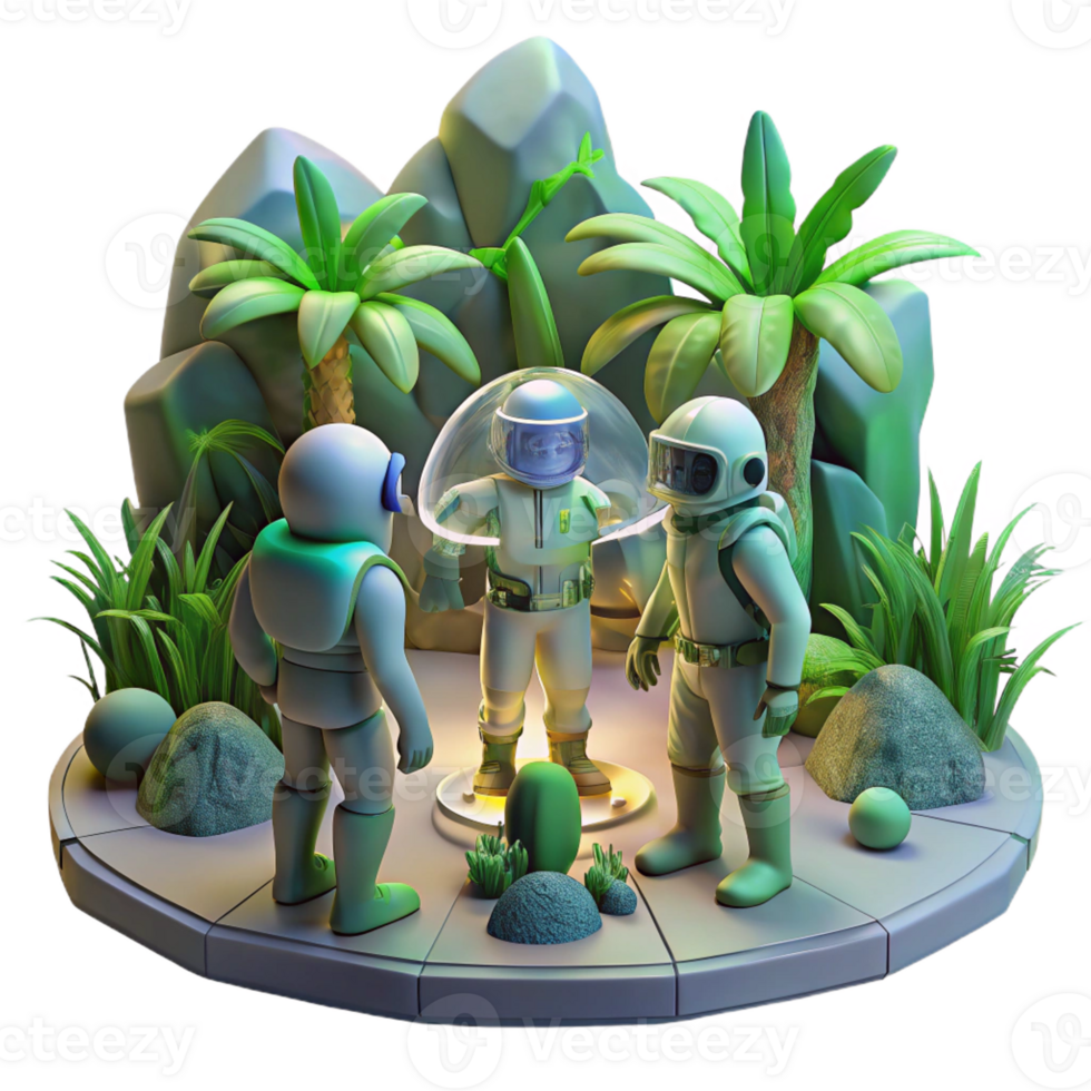wonderful abstract A group of explorers in futuristic spacesuits discovering a hidden temple on a jungle-covered alien planet. Ambient lighting, adventure style authentic png