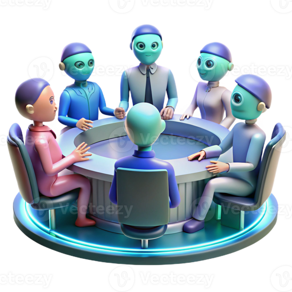 impressive vintage A group of alien diplomats gathered around a holographic table in a futuristic conference room. Formal lighting, photorealistic style high resolution png