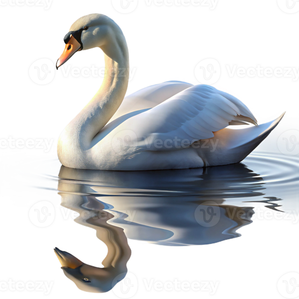 beautiful contemporary A graceful swan gliding across a still lake, reflection visible in the water, serene lighting, classical painting style high quality png