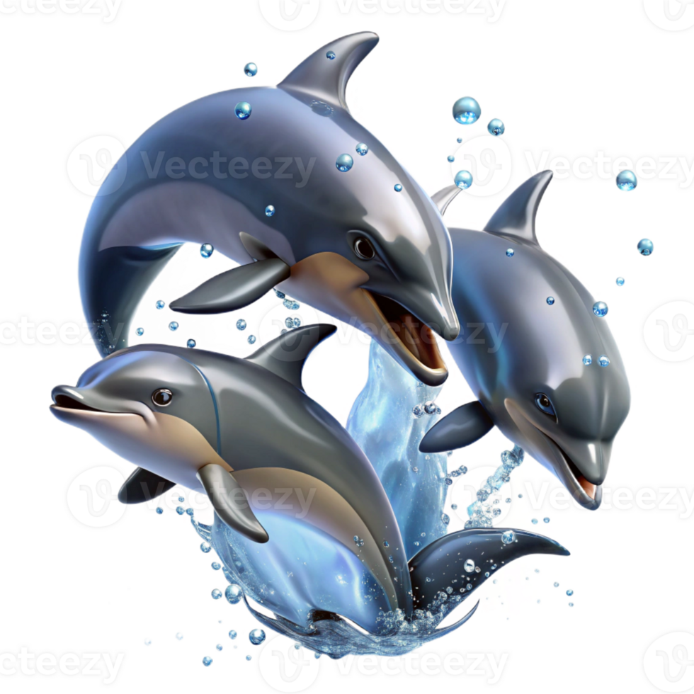 vibrant minimalist A group of dolphins leaping out of the ocean, sparkling water droplets, dynamic pose, marine life photography style original png