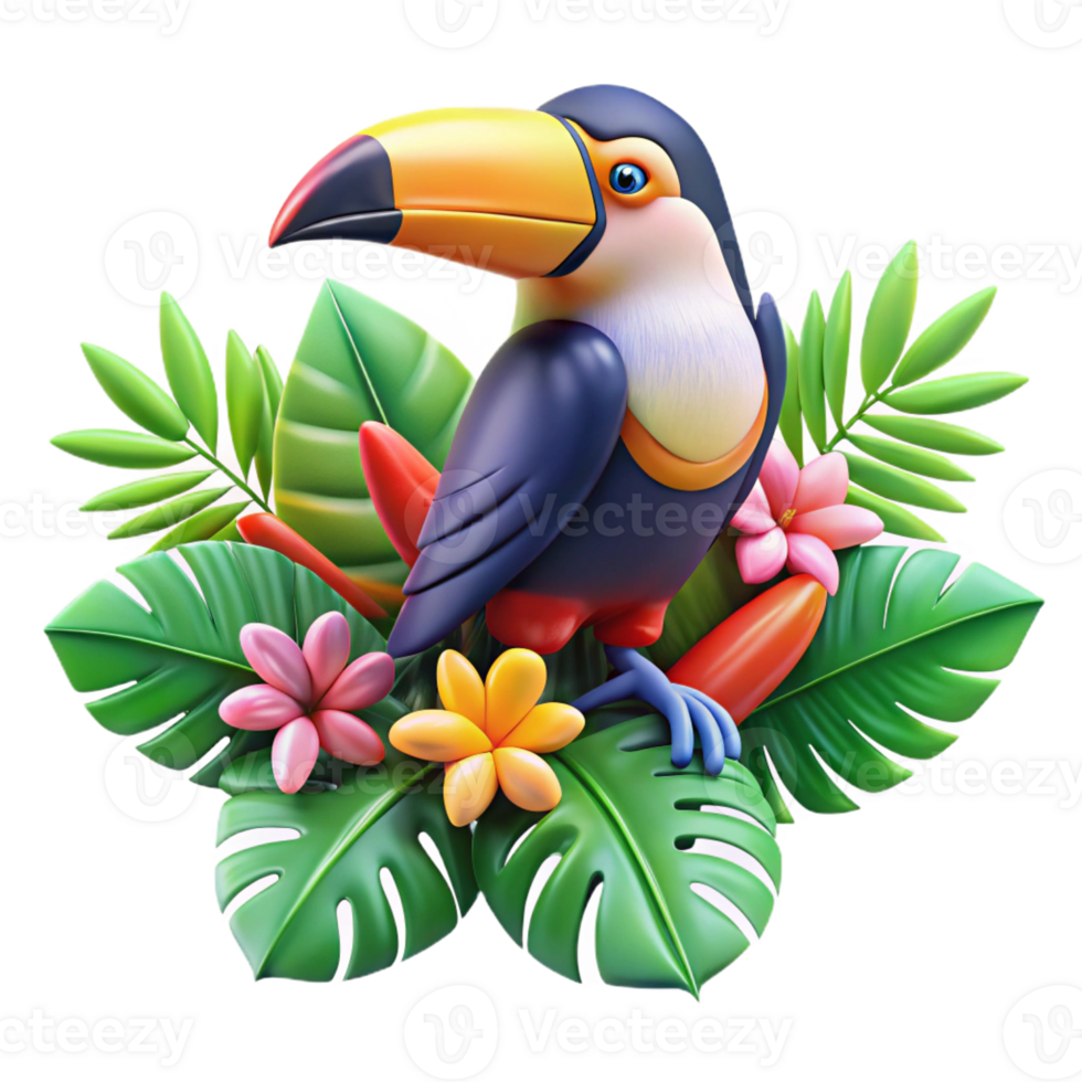 extraordinary contemporary A vibrant toucan perched on a branch, surrounded by tropical flowers, vibrant colors, botanical illustration style detailed png