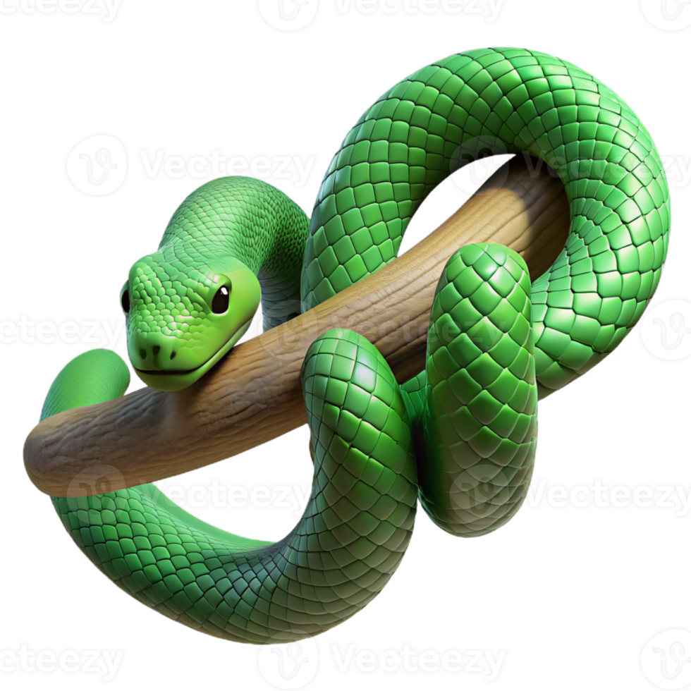 elegant artistic A slithering green snake wrapped around a tree branch, textured scales, jungle setting removed, nature photography style premium png