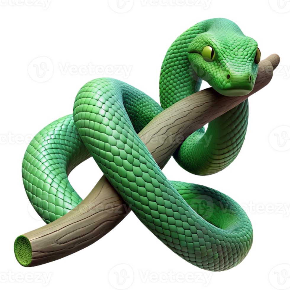 stunning minimalist A slithering green snake wrapped around a tree branch, textured scales, jungle setting removed, nature photography style genuine png