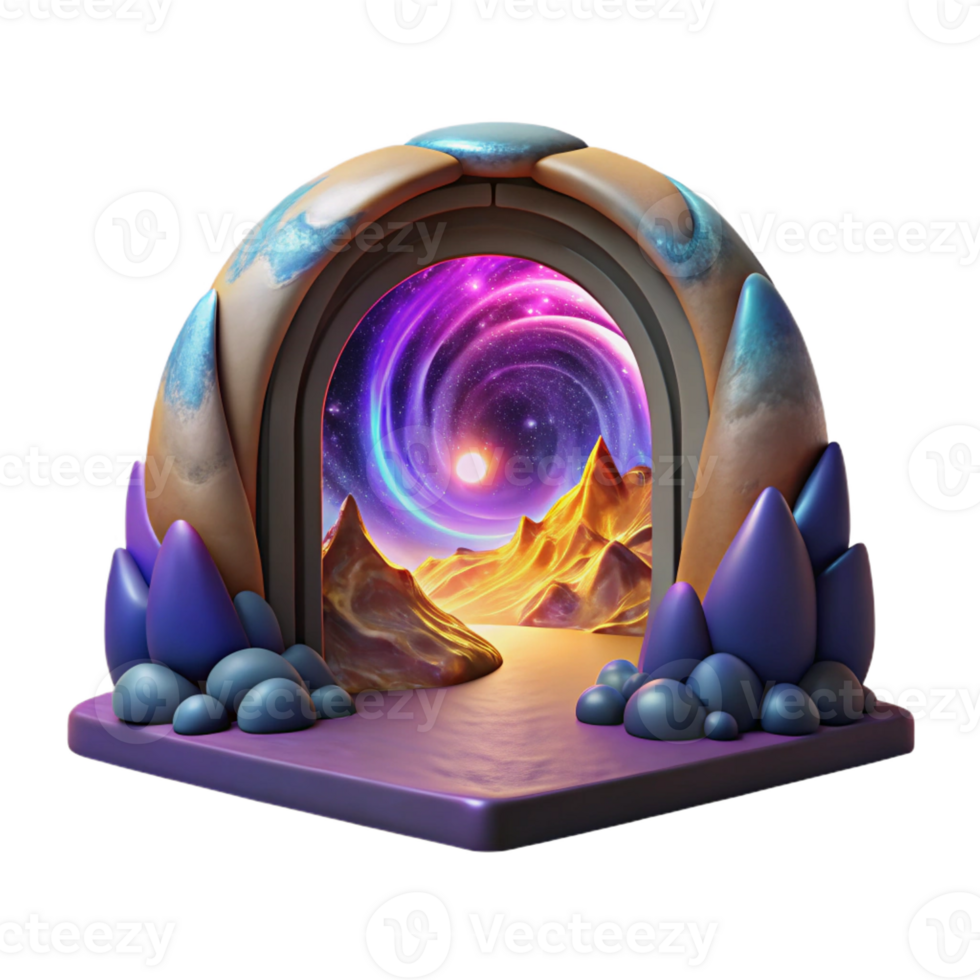 serene modern A portal swirling with colors of the cosmos, opening onto a breathtaking alien landscape. Surreal, vibrant, fantasy art style detailed png