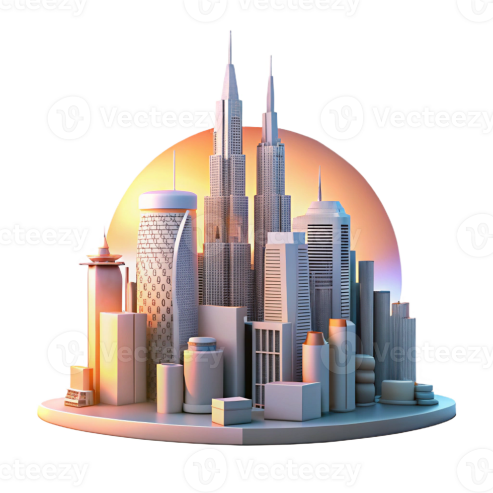 serene abstract A futuristic cityscape at dawn, the sun rising behind towering skyscrapers. Soft, warm lighting, futuristic architecture style, panoramic view detailed png