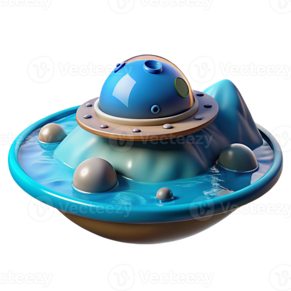 elegant modern A spaceship landing on a water-covered planet, creating ripples in the turquoise water. Serene, tranquil, realistic style high resolution png
