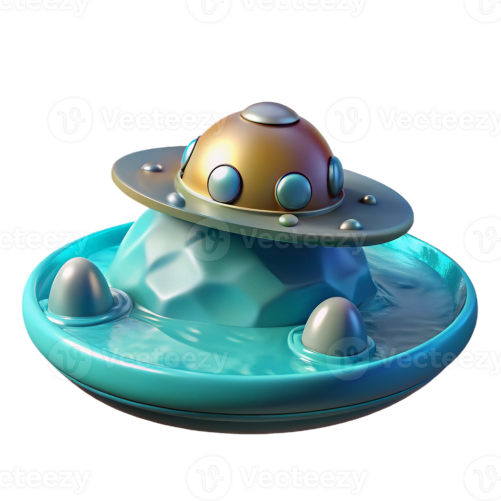 dramatic abstract A spaceship landing on a water-covered planet, creating ripples in the turquoise water. Serene, tranquil, realistic style high resolution png