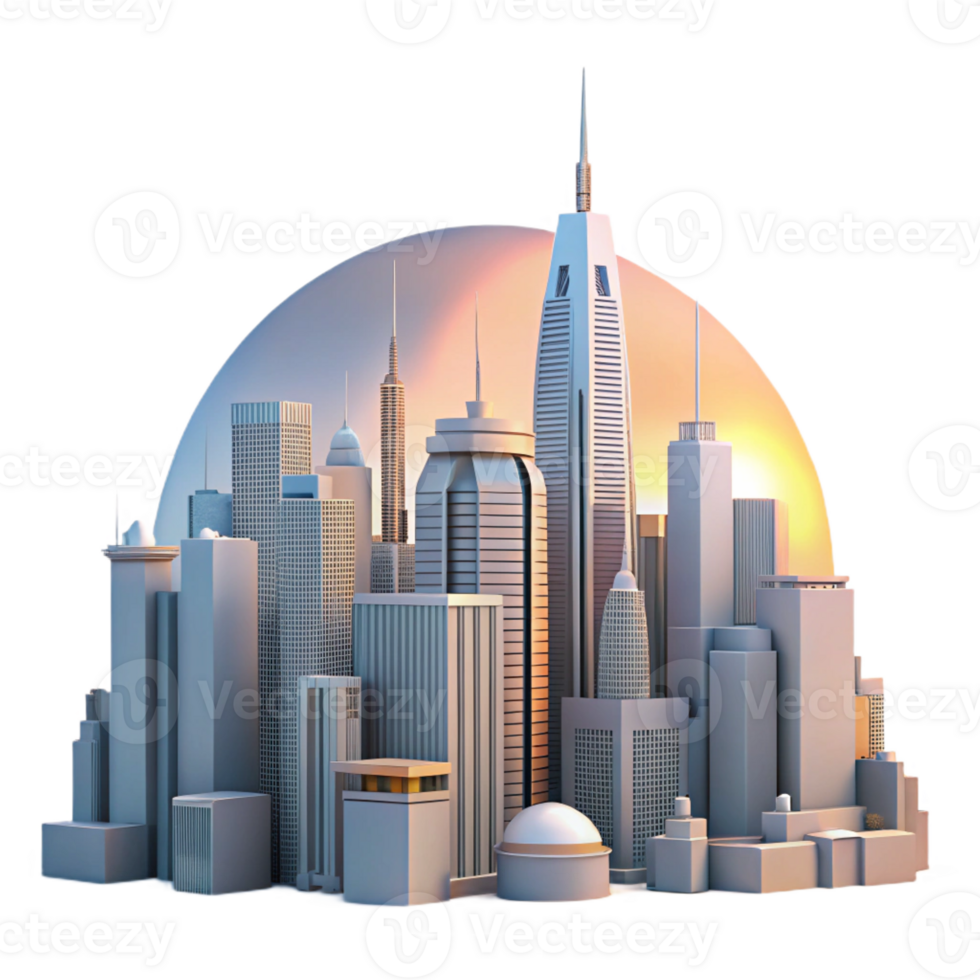 elegant contemporary A futuristic cityscape at dawn, the sun rising behind towering skyscrapers. Soft, warm lighting, futuristic architecture style, panoramic view original png