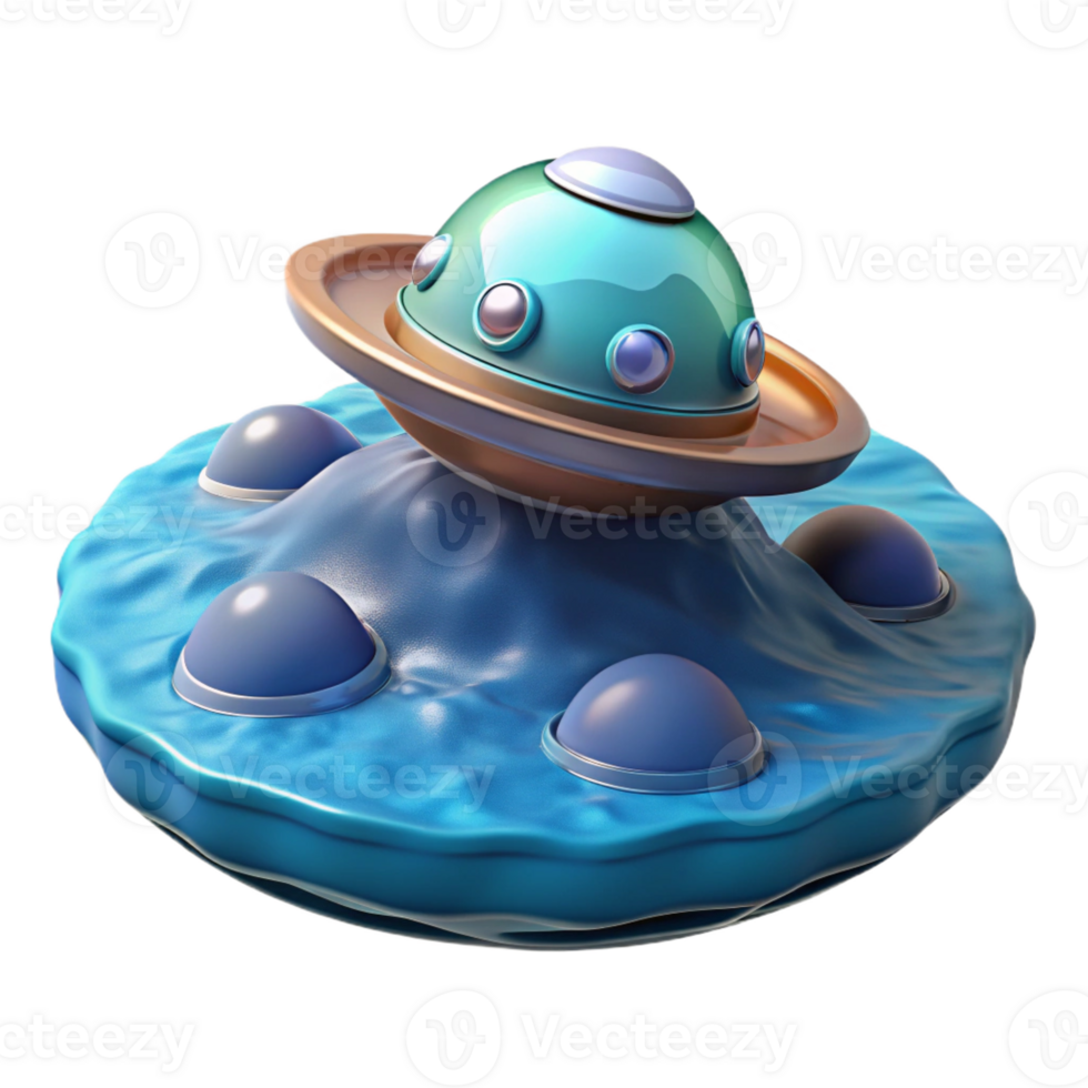 elegant classic A spaceship landing on a water-covered planet, creating ripples in the turquoise water. Serene, tranquil, realistic style premium png
