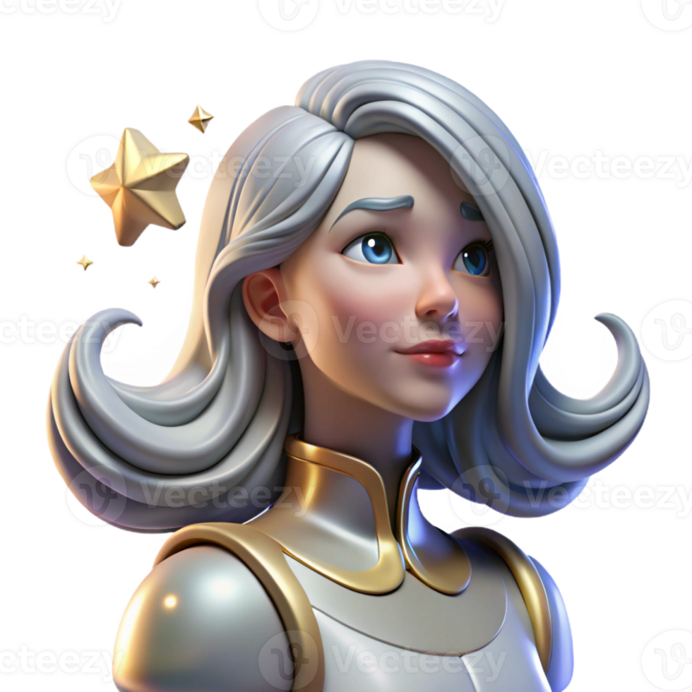 elegant artistic A female android with flowing, metallic hair, gazing wistfully at a distant star. Ethereal, soft lighting, art nouveau style 4K png