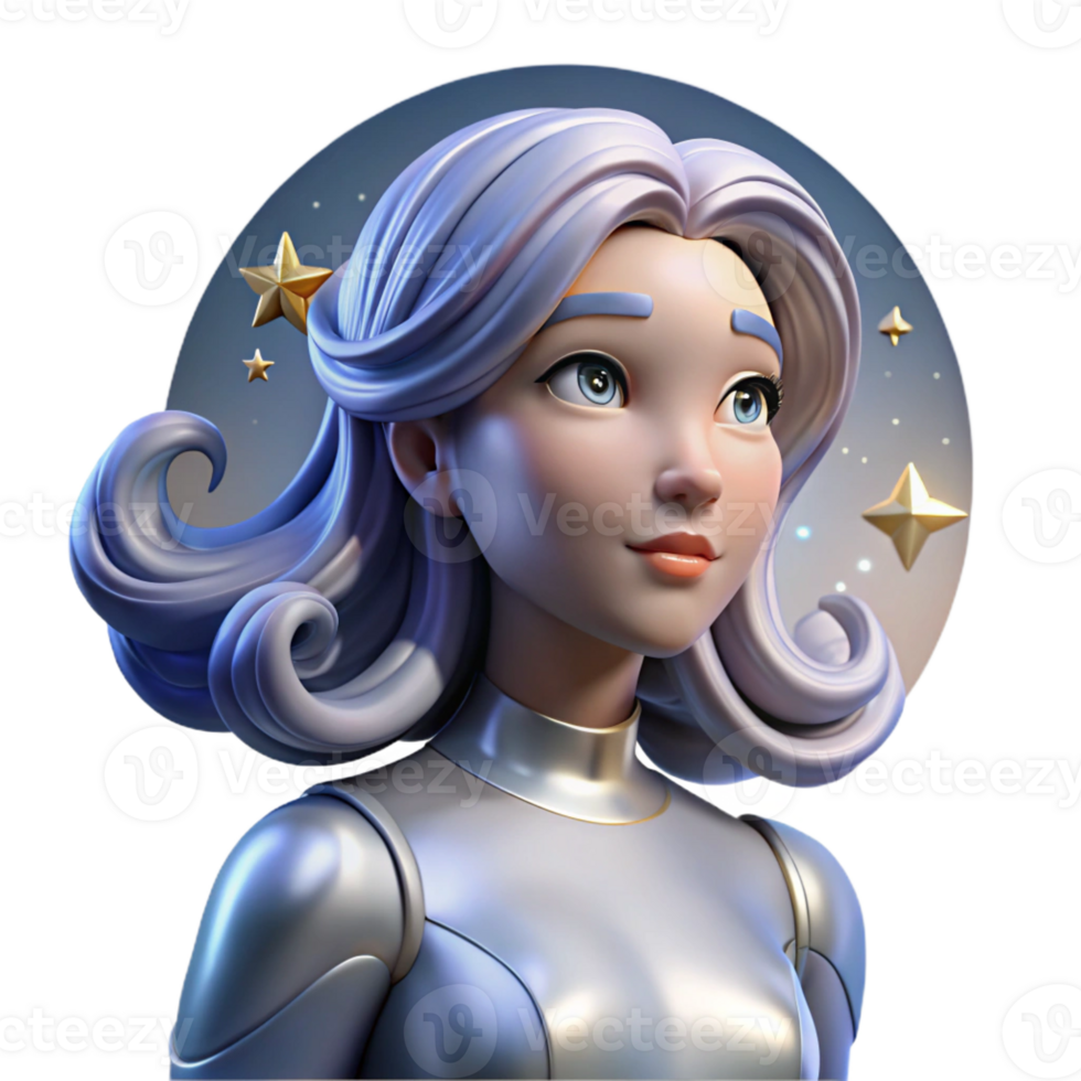 wonderful traditional A female android with flowing, metallic hair, gazing wistfully at a distant star. Ethereal, soft lighting, art nouveau style genuine png