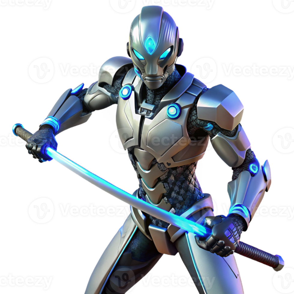 serene creative A cyborg with glowing blue eyes and intricate mechanical augmentations, holding a futuristic katana. Cyberpunk, dynamic pose, dark lighting professional png