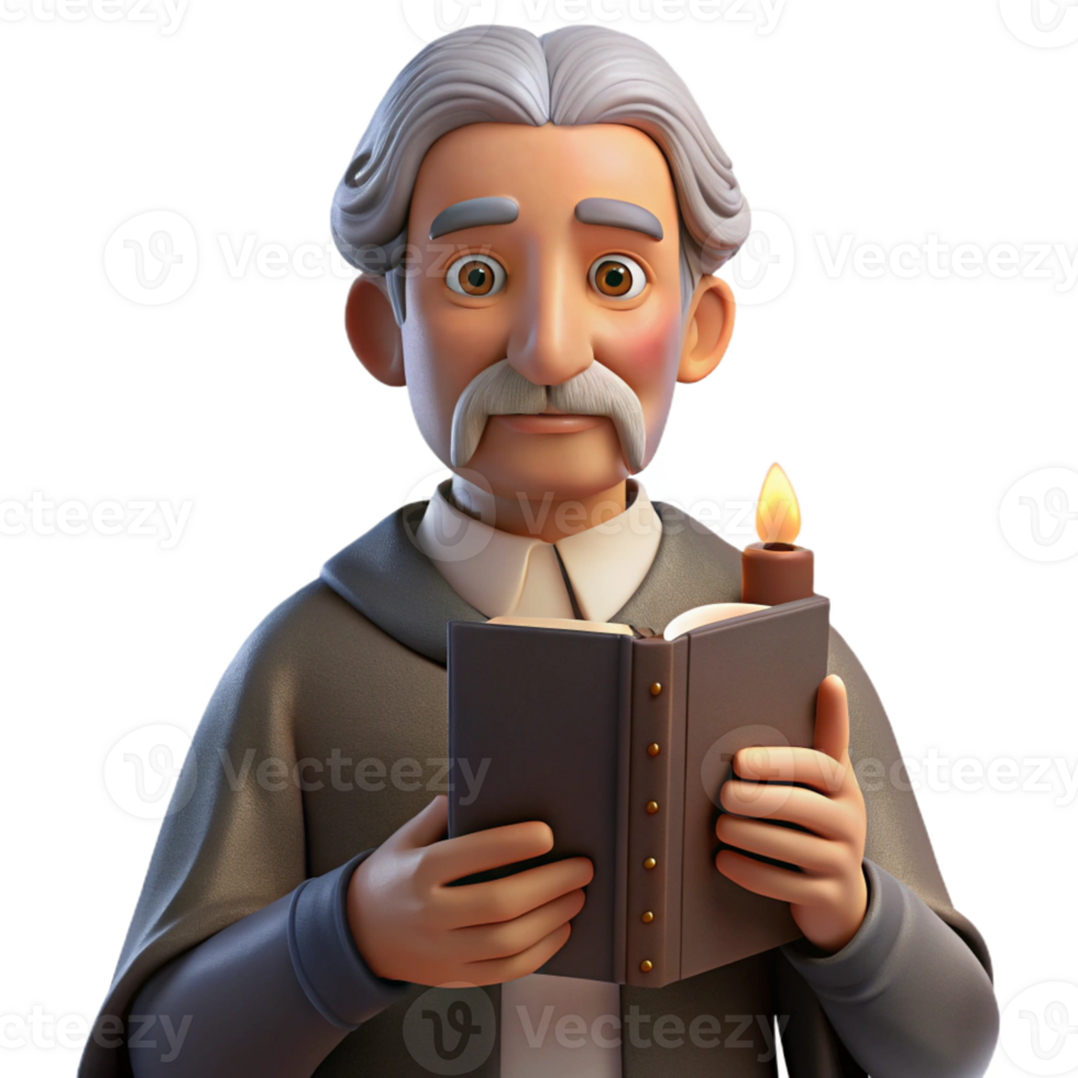serene minimalist Portrait of an elderly man with deep wrinkles, a weathered face, holding a worn leather-bound book, lit by a single candle, in the style of Rembrandt professional png