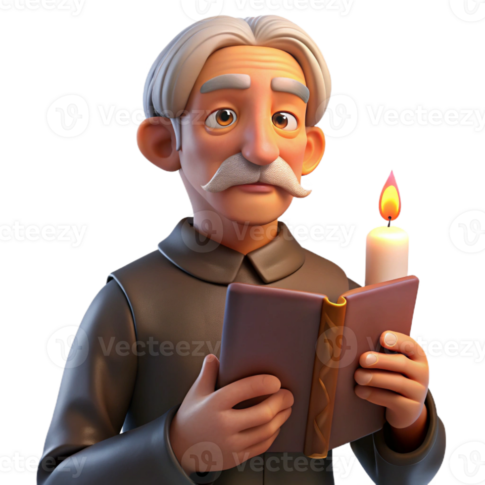 wonderful creative Portrait of an elderly man with deep wrinkles, a weathered face, holding a worn leather-bound book, lit by a single candle, in the style of Rembrandt high resolution png