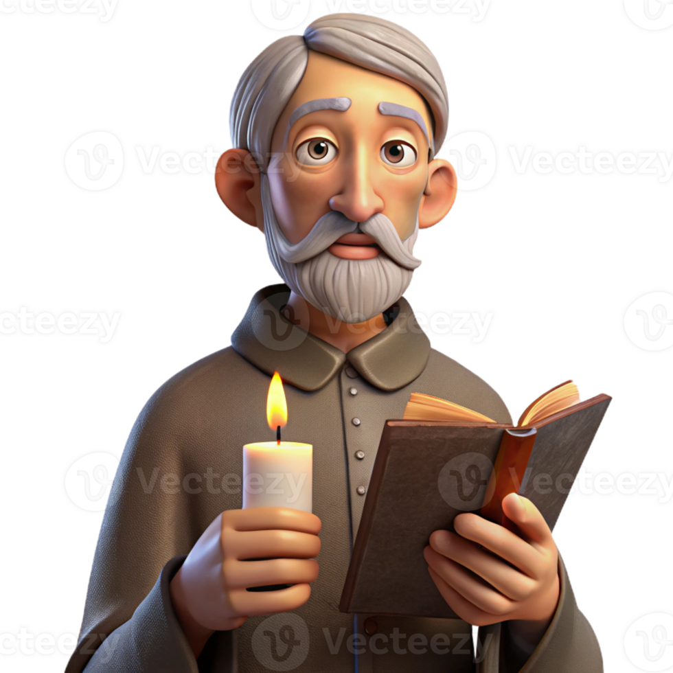 impressive creative Portrait of an elderly man with deep wrinkles, a weathered face, holding a worn leather-bound book, lit by a single candle, in the style of Rembrandt professional png